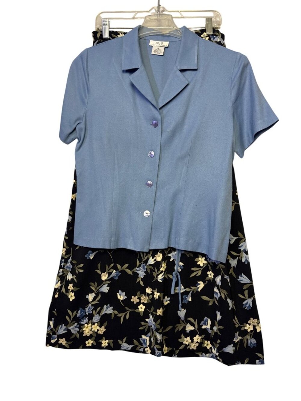 AGB Womens Button-Down Short-Sleeve Blue Top & Floral Black Skirt Set Medium